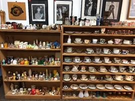 tea cups and saucers, salt and pepper shakers (pairs and single) shot glasses
