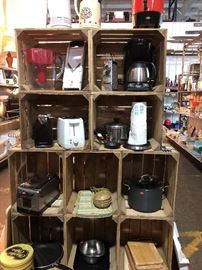 misc. kitchen gadgets, pots and pans and cutting boards