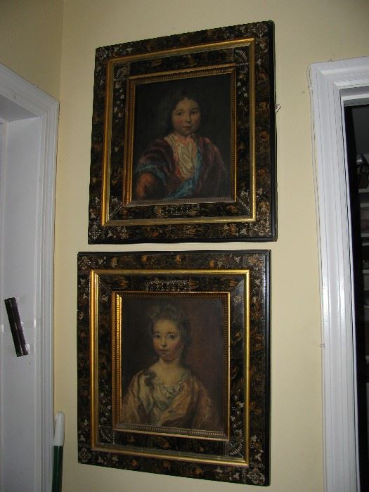 pair of antique oil paintings , in eastlake antique frames, marked on back, authorized paintings of metropolitan museum of art copies , old