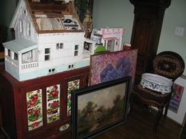 great chinese cabinet with hand painted tiles, oil paintings, salesman sample house and other stuff