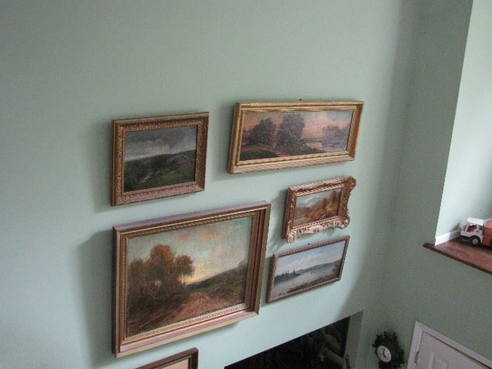 assorted oil paintings including Julian Rix upper left corner , Pope in lower right