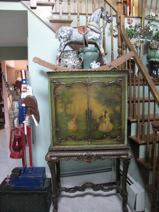antique marionette cabinet, antique rocking horse with leather , pottery, great folk art Uncle Sam signed piece, antique stagecoach lock box