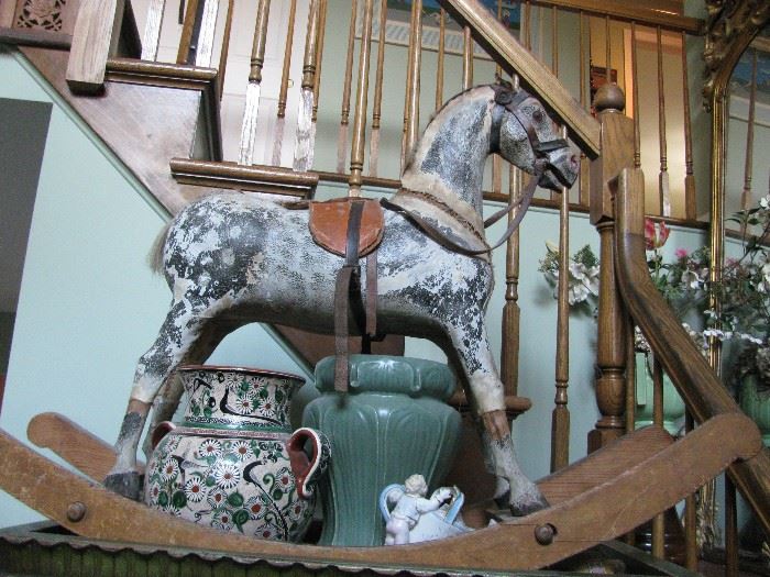 Great antique rocking horse and some of the great pottery