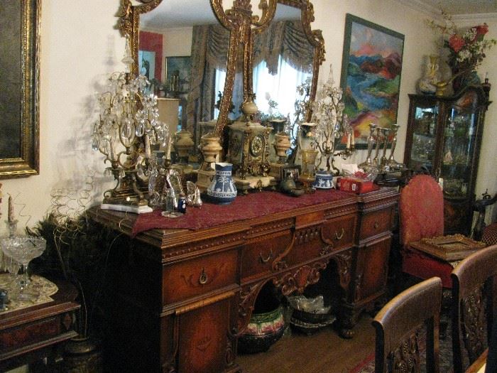 great sideboard for dining room set, clock , garnitures, and crystal a& bronze candelabra