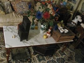 great marble top wood table, bronze ormolu and inlays