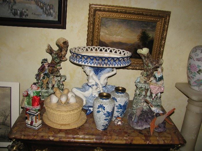 wedgewood antique centerpiece with women and putti, , pair of antique German spill vases, plus more
