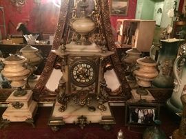 bronze and marble antique clock with garnitures