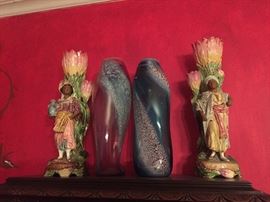pair of early majolica german figures of African princes and pair of signed mid century glass vases of large size