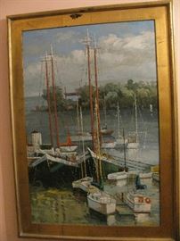 great oil painting of boat yard in great gilt wood frame