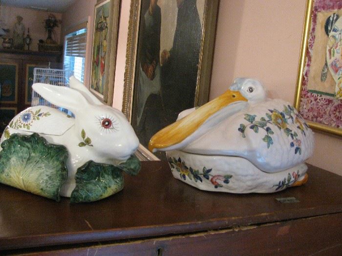 pair of majolica for Tiffany & Co. tureens, made in Italy and each signed