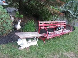 iron lion bench, red bench is NYC from 1939 worlds fair in Queens, bench marked A l Swett iron works Medina N Y