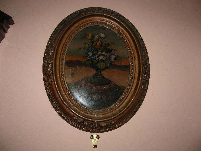 antique 19th century painting under glass floral