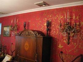 pair of monumental bronze and crystal wall sconces, not electrified,