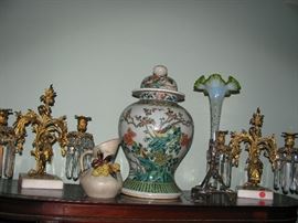 pair of rare antique bronze girondalas with boy and girl figures, christofle vase, large chinese urn with cover