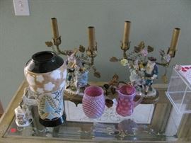 Chelsea figural lamps, pink dot early glass