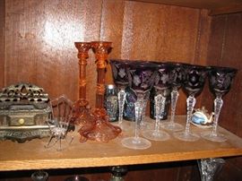 dolphin early pink glass candlesticks, set of red Bohemian glass goblets