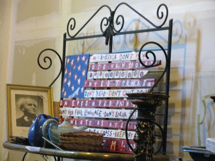 great large iron and brass stand, original art wood painted American flag folk art wall hanging