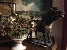 Carved Chinese wood horse figure and enameled floral basket signed by artist
