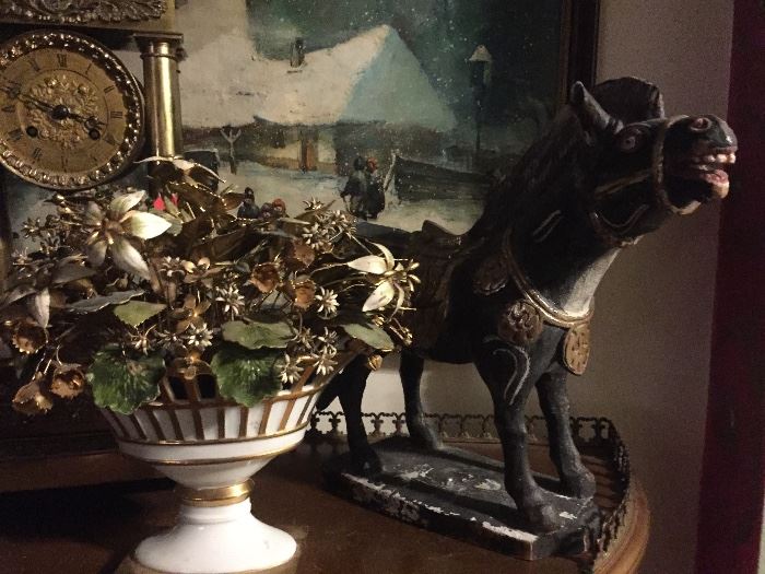 Carved Chinese wood horse figure and enameled floral basket signed by artist