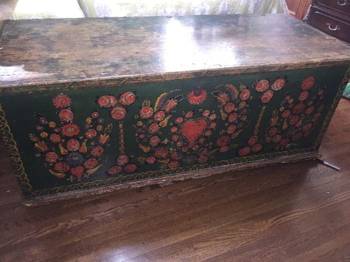 Antique 19th century and painted large chest and green with date on the inside and holds a lot it's quite large