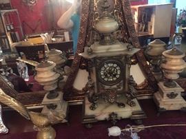 Over size large bronze and Onyx antique Mantel clock with a pair of side pieces matching French
