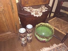 large antique cellerette , pair of tall porcelain european vases, large jardinaires,