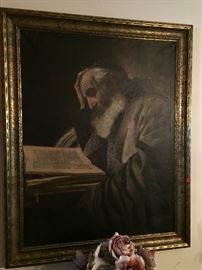 very large 19th century Judaica oil painting of Rabbi learning in prayer shawl Tallit. ,Signed Max  Schneider , Rallsbad.  in gilt frame