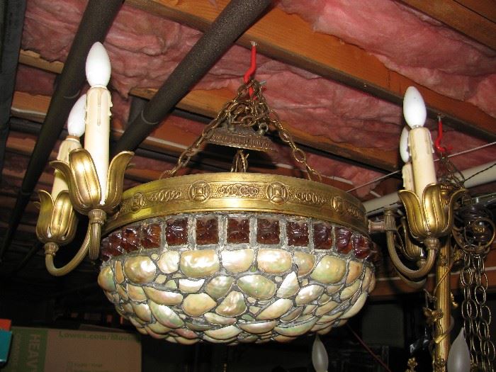 UNBELIEVABLE BRONZE CHANDELIER, WITH ACTUAL SHELLS AND TURTLE BACK GLASS SQUARES. TIFFANY? 