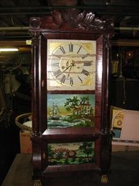 THIS IS THE BEST OF THE BEST IN TALL MANTLE CLOCKS WITH PAINTINGS UNDER GLASS, HAIRY PAW FEET AND CARVED CREST