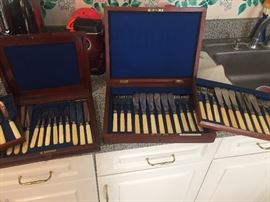 2 sets of antique silver and bone ivory celluloid handled large fish sets in antique original boxes