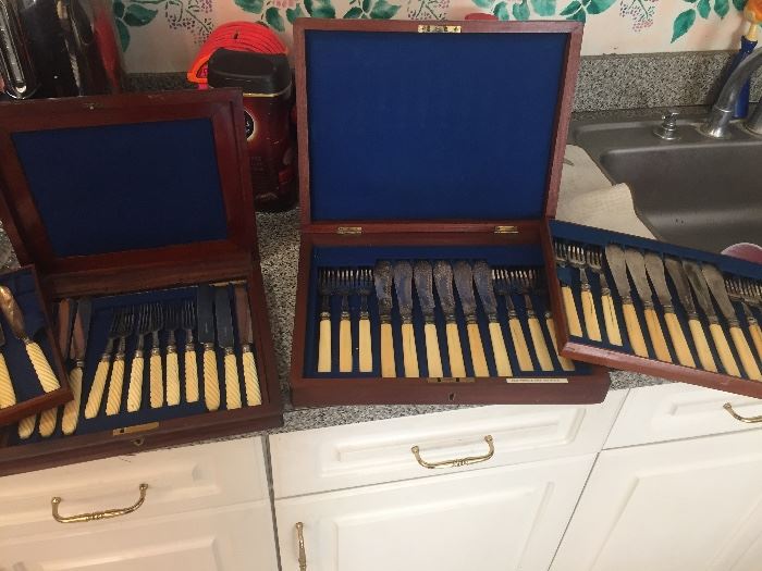 2 sets of antique silver and bone ivory celluloid handled large fish sets in antique original boxes