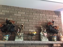 Cloisonné Chinese large urns with agate large flowers, pair large German PORCELAIN spill vases