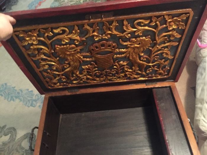 Interior gilding and carved lions on antique work box