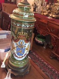  Great  antique large enameled glass tankard made into a lamp 