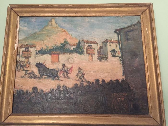 Great oil painting of Spanish matador bull fighting scene