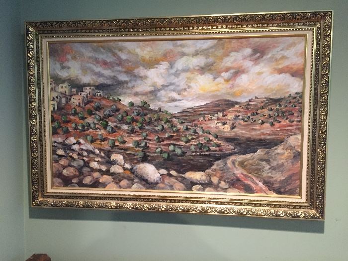  A great large contemporary oil painting of Israel and the Hills of Chevron by artist M Muchnick signed in Hebrew