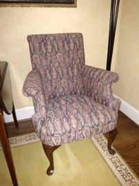 One of a pair Queen Anne style upholstered armchairs