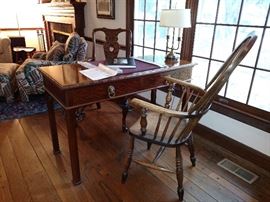 Chippendale style mahogany writing desk with two wooden armchairs
