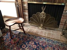 Brass fan firescreen and wooden stool