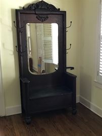 Antique Hall Tree with sitting bench and storage