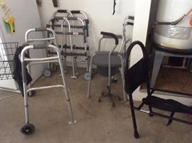 Walkers, canes, adult commode, bed rail