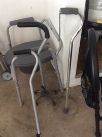 Walkers, canes, adult commode, bed rail