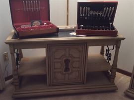 Vintage China Cabinet with matching buffet and dining room table & chairs, Silverware sets