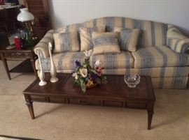 Sofa with matching wing back chair with ottoman, coffee table with matching end table