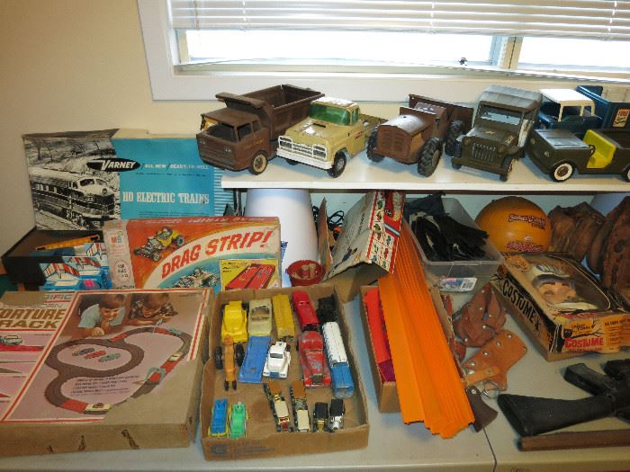 Vintage Toys! Torture Track, Drag Strip,  Hot Wheels Stunt Action Set, HO Electric Train Set, Dumpster, Buddy L Coke Truck, Tonka Jeep,