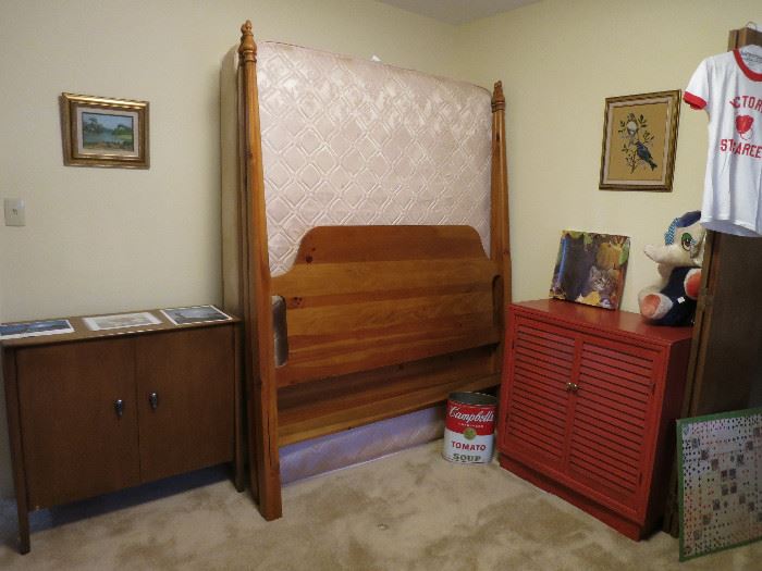 Mid Century Modern Record Cabinet, Pencil Post Bed Taken Down, Vintage Two Shelf Cabinet. Do You See The Stingaree Shirt?