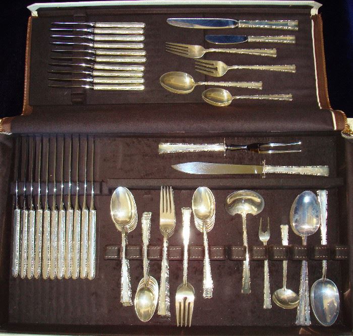 Lunt Sterling Service for 12, 6 piece place setting extra teaspoons & serving pieces 91pcs. Madrigal Pattern pieces have a D monogram