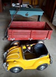 VW pedal car; red wagon; blue painted table