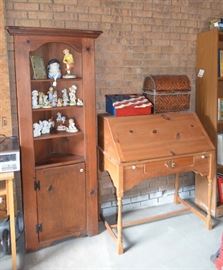 pine corner cupboard; pine drop-front desk