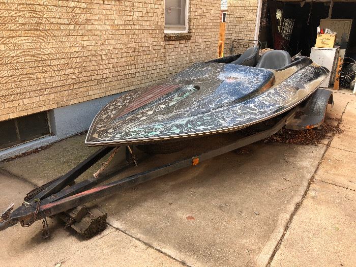 Old speed boat project. Trailer in very good shape but needs tires